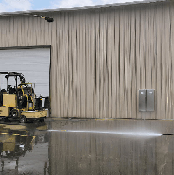 Person using a pressure washer on the exterior of an industrial building next to a forklift.